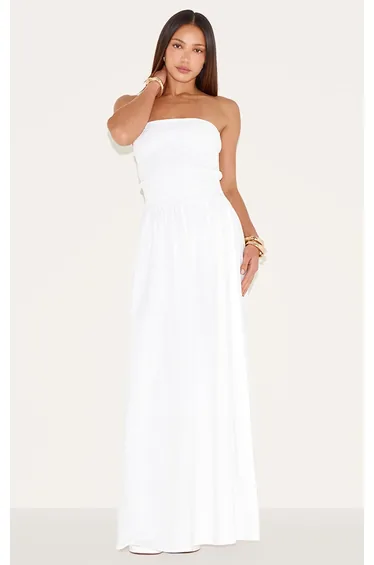 Tall White Bandeau Shirred Detail Maxi Dress
