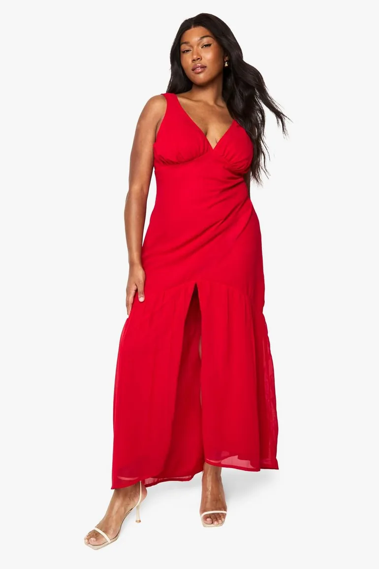 boohoo red maxi dress Boohoo Maxi Dress Womens Size 12 Red 3/4 Sleeve Open Front V Neck Pullover