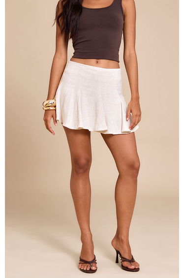 Stone Linen Look Pleat Detail Mini Skirt