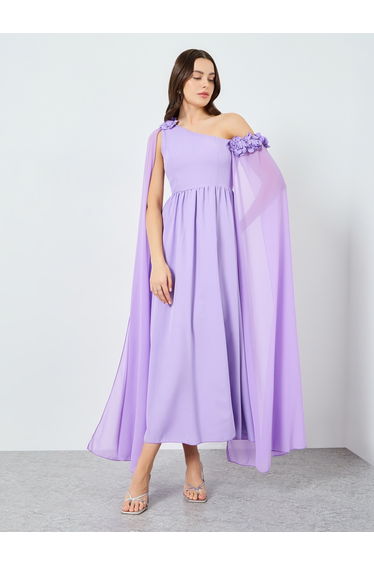 Women Purple One Shoulder Cape Sleeve Maxi Dress