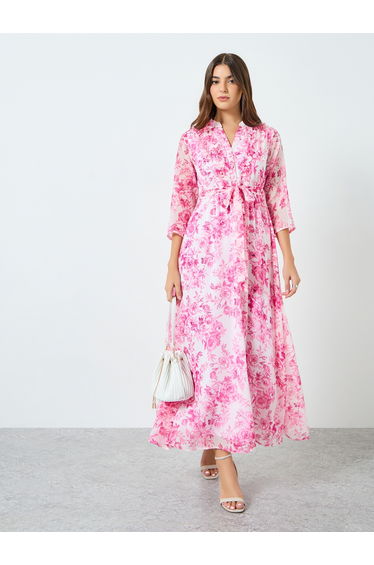 Women Pink Chiffon Floral 3/4th Sleeves Maxi Dress