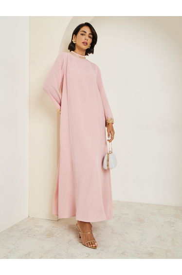 Women Lace Trim Flared Sleeve Jalabiya