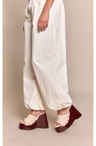 Natural Linen Studded Mule Wedges
