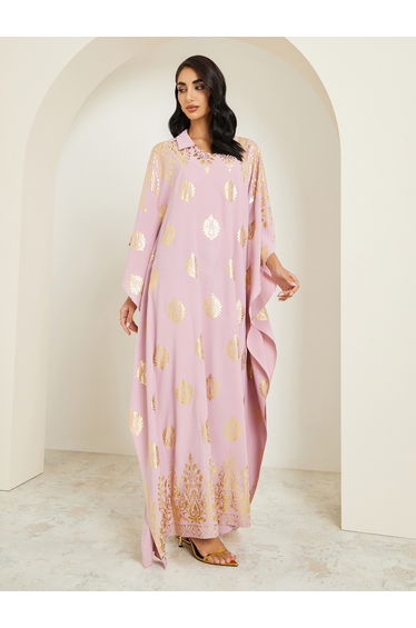 Women Pink Gold Print Collared Kaftan