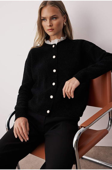 Black Color Block Special Yarn Tulle Garnish Knitwear Cardigan