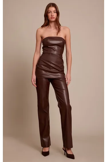 Chocolate Faux Leather Fitted Trousers