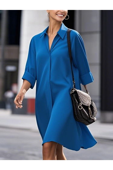 Long Sleeves Loose Solid Color Split-Joint Lapel Midi Dresses Shirt Dress