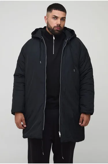 Plus Regular Fit Longline Hooded Zip Up Padded Parka - black