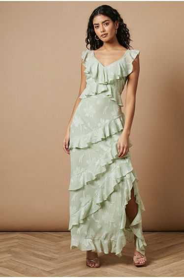 Petite Ruffle Jacquard Print Maxi Dress