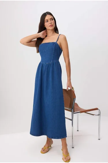 Blue Strapless Medium Stretch Maxi Denim Dress