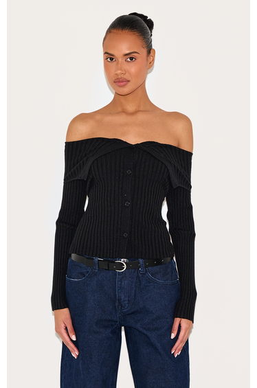Black Rib Knit Fold Over Button Up Top