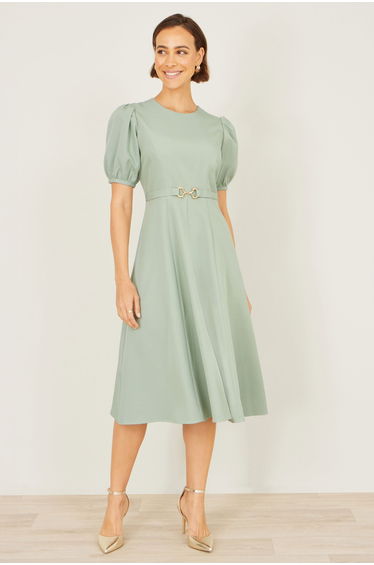 Yumi Mint Skater Dress With Puff Sleeves And Buckle Detail
