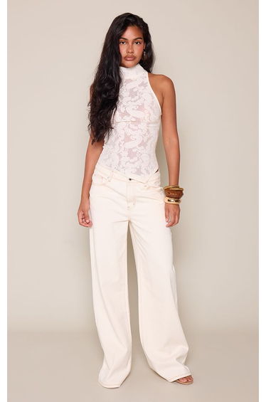 Cream Paisley Sheer Asymmetric Hem High Neck Sleeveless Top