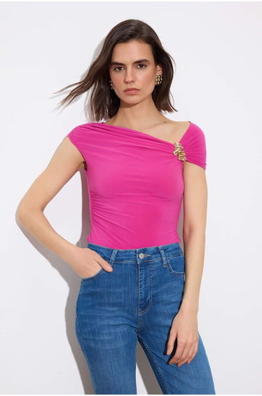 Fuchsia Fitted/Fitted to the Body Asymmetrical Neckline Accessory Detail Flexible Knitted Blouse