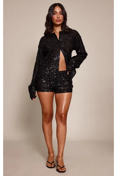 Petite Black Sequin Button Up Shirt