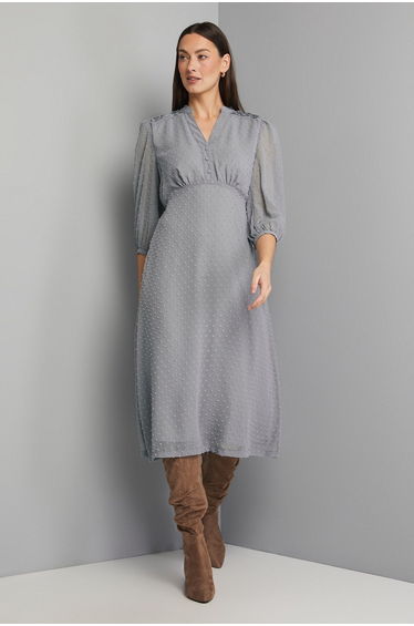 Dobby Pleat Detail Button Midi Dress