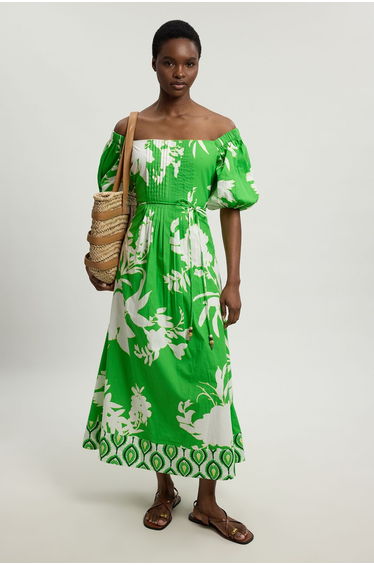 Bead Detail Floral Printed Cotton Poplin Midi Dress