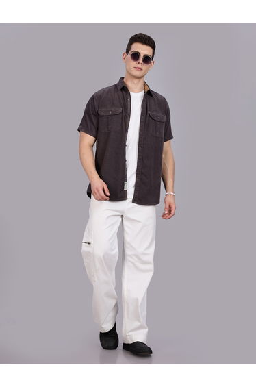 Men Grey Corduroy Short Sleeve Shirt