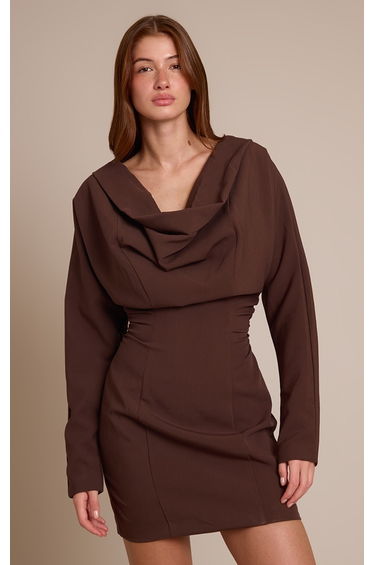 Chocolate Woven Cowl Neck Tailored Dress
