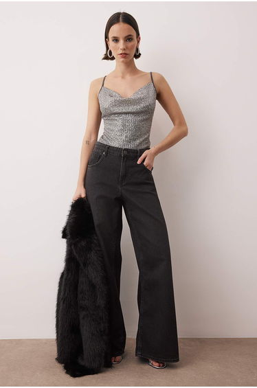Anthracite Plain Degaje Neckline Sleeveless Knitted Sequin Body