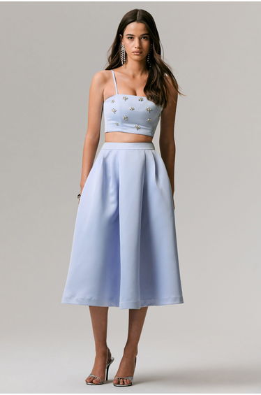 Iris | Blue Satin Pleated Midi Skirt