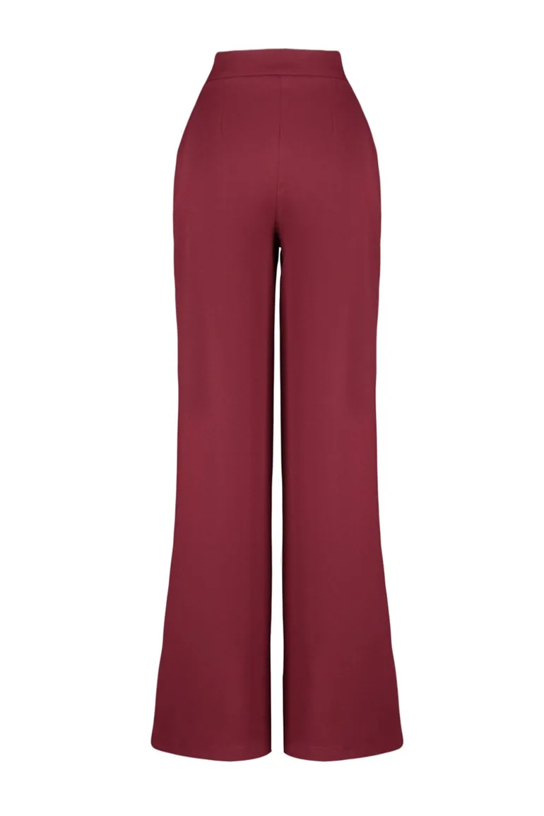Burgundy Wide Leg Woven Trousers - 6