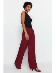 Burgundy Wide Leg Woven Trousers - 3