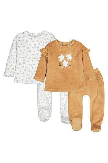 Pack of 2 Pyjamas in Bird Print Cotton Mix Velour