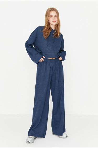 Navy Blue Hooded Wide Pattern Knitted Pajama Set