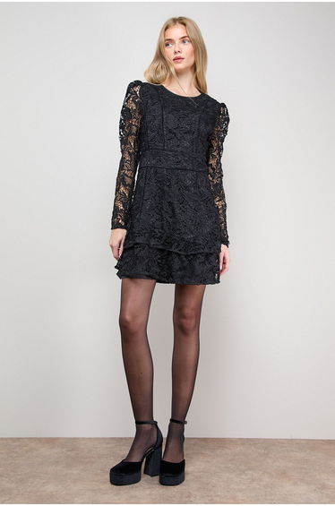 Lace Trim Detail Tiered Fluted Sleeve Mini Dress