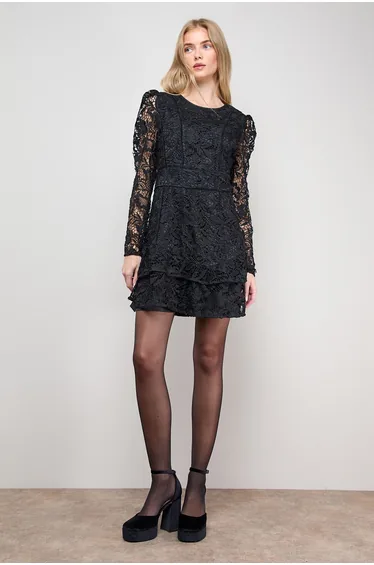 Lace Trim Detail Tiered Fluted Sleeve Mini Dress