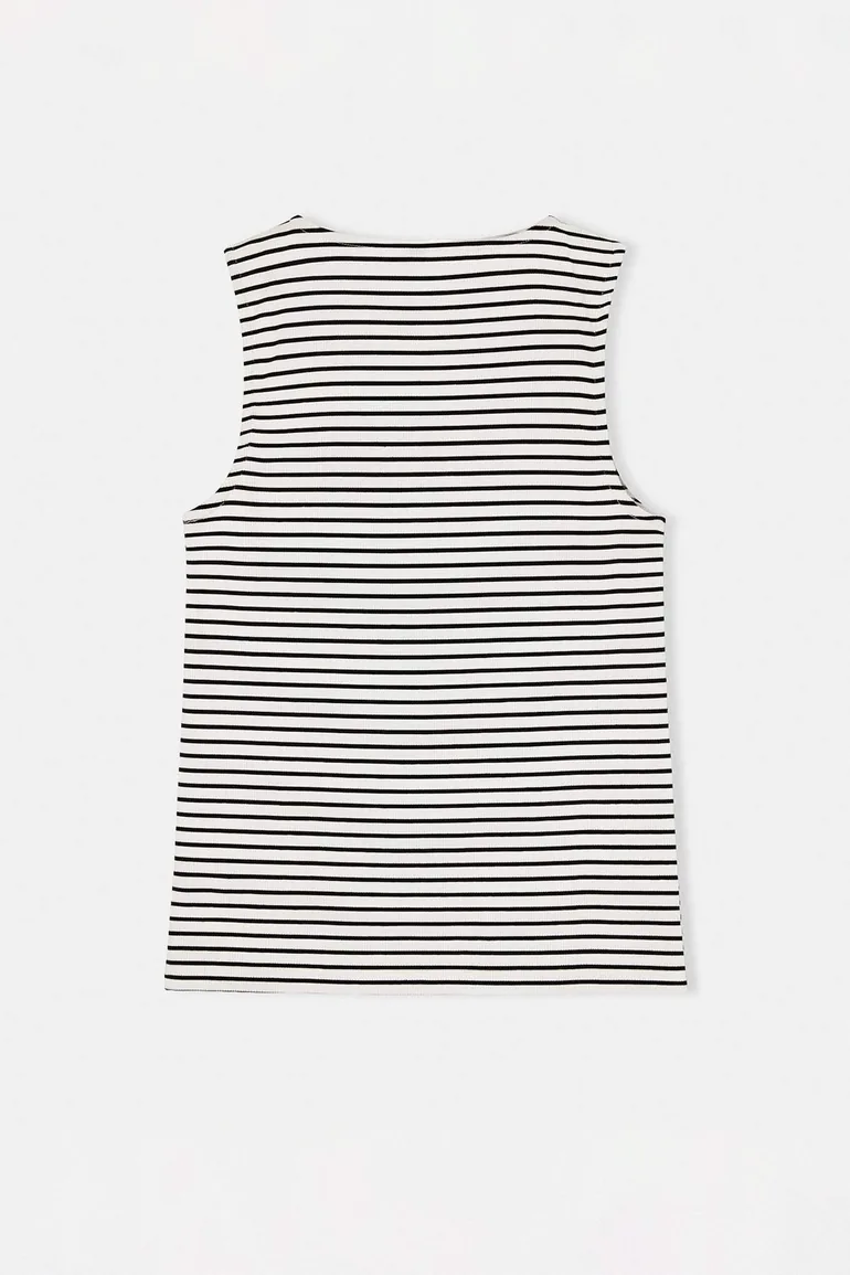 Black Striped Regular Fit Boat Neck Sleeveless Ribbed Stretchy Knitted Blouse - 2