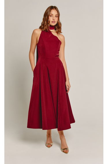 Wine Scarf Detail Midi Dress