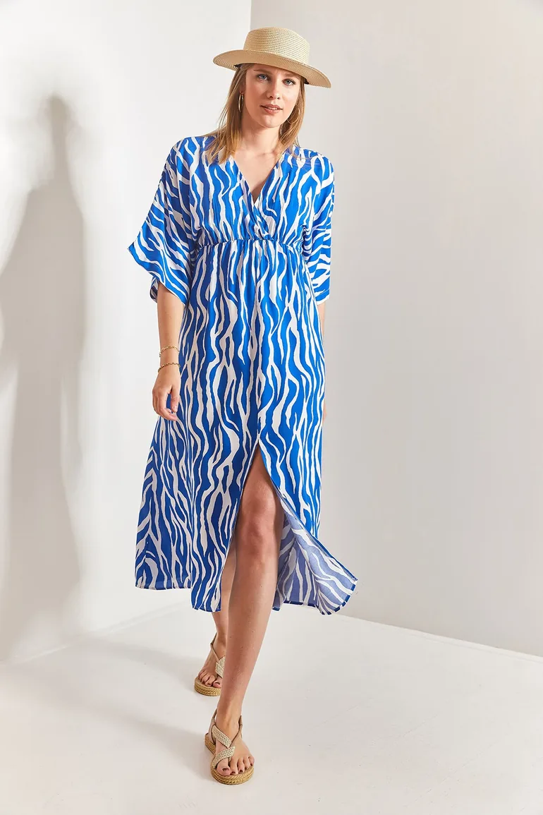 Women's Double Breasted Neck Patterned Flared Dress - 2