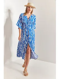 Women's Double Breasted Neck Patterned Flared Dress - 2