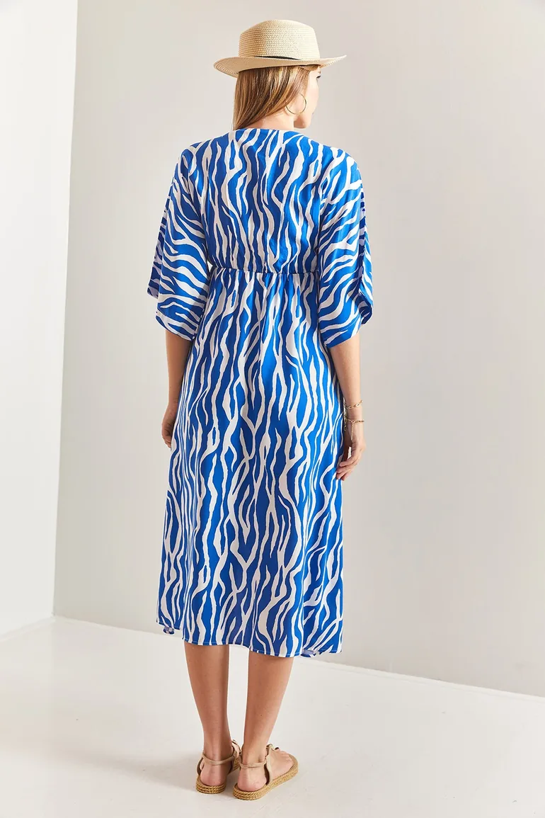Women's Double Breasted Neck Patterned Flared Dress - 3