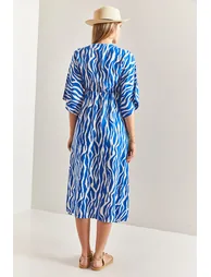 Women's Double Breasted Neck Patterned Flared Dress - 3