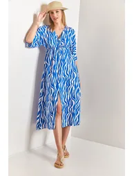 Women's Double Breasted Neck Patterned Flared Dress - 1