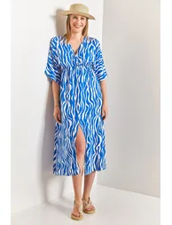 Women's Double Breasted Neck Patterned Flared Dress - 4