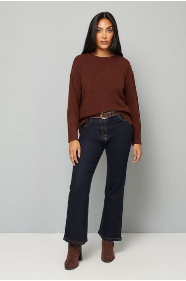 Petite Brown Pointelle Sleeve Button Detail Jumper