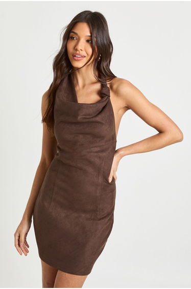 Faux Suede Knot Detail Mini Dress - chocolate