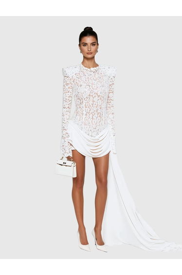 Kaatib Long Sleeve Lace Draped Mini Dress