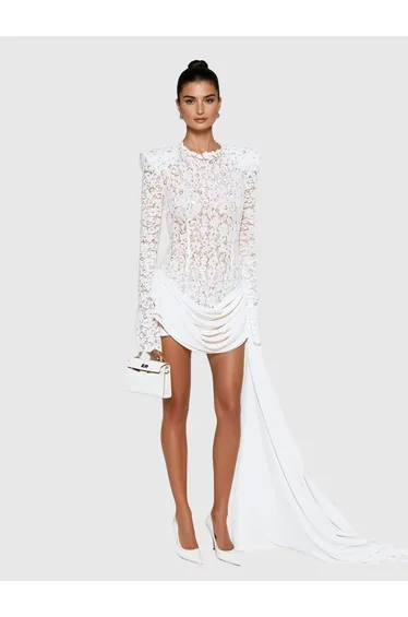 Kaatib Long Sleeve Lace Draped Mini Dress