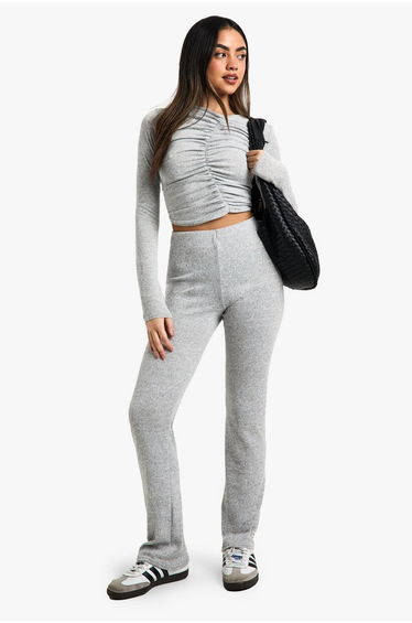 Melange Rib Ruched Top and Flare Trouser Set