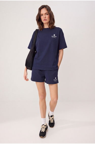 Navy Blue Slogan Oversize Short Sleeve 2 Thread Knitted Top and Bottom Set