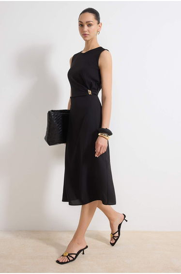 Black Plain Body Wrap Accessory Midi Woven Dress
