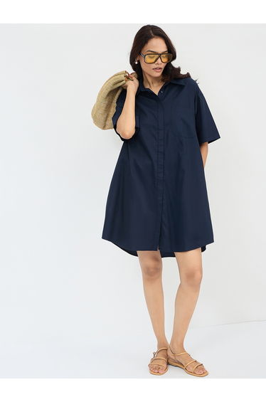 Navy Blue Cotton Mini Shirt Dress