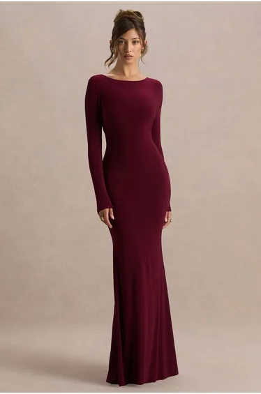 Estelle | Burgundy Boat-Neck Maxi Dress With Open-Back And Lace Detail