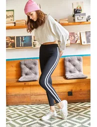 Women's Black and White Striped Fleece Leggings