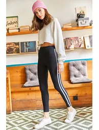 Women's Black and White Striped Fleece Leggings - 3